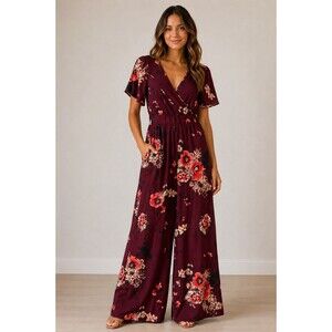 Band of Gypsies Floral Wide Leg Jumpsuit Red Burgundy Keyhole XS Boho Whimsigoth